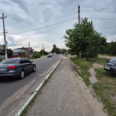 The image depicts a street scene in the city of Liski, Russia, on an overcast day. A gray Volkswagen sedan is driving on the asphalt road, seen from the rear passenger side. The road has a white-painted curb with some green grass growing along it. To the right of the road, there is a dirt path and a grassy area with a large leafy tree. In the distance, other cars are visible on the road, including a bus. Houses and power lines are present in the background, indicating a residential or semi-urban area. The sky is filled with heavy, gray clouds.