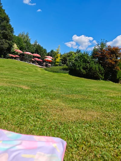 The image depicts a sunny day in Hütte, Austria, with a lush green grassy slope in the foreground. Several red and white umbrellas are arranged on the grass in the middle ground, suggesting an outdoor seating area. Behind the umbrellas, a wooden fence separates the seating area from a path or walkway. Lush trees and foliage form a backdrop to the scene, with a bright blue sky overhead dotted with white clouds. In the far distance, a few figures can be seen near the umbrellas, possibly enjoying the day. The overall impression is one of a tranquil outdoor recreational space.
