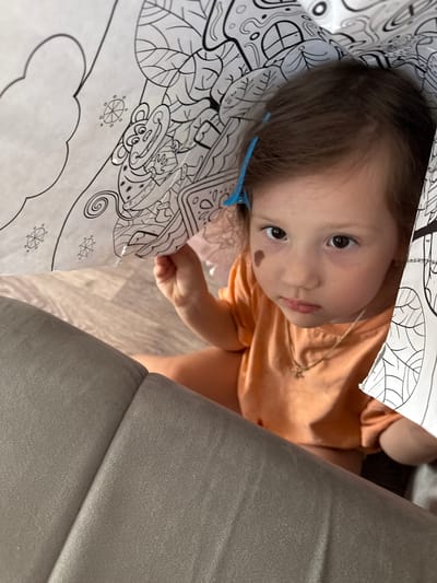 A young child with brown hair and a blue hair clip is looking upwards from inside a coloring book bag. The child has brown eyes and a birthmark on their left cheek. They are wearing an orange shirt and a gold necklace. The coloring book bag is white with black line art drawings of animals and plants. A grey upholstered sofa is visible on the right side of the frame. The location is unknown.