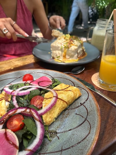 A close-up shot shows two plates of food and two beverages on a wooden table. In the right foreground, a plate features what appears to be an omelet served over a bed of green leaves, with sliced red onions, tomatoes, and slices of what looks like radish on top. A dark sauce is drizzled on the omelet and plate.
To the left, there is another plate with a creamy, saucy dish topped with what looks like sprouts. A person is holding a piece of this food with their left hand and cutting it with their right.
Behind the food is a beverage in a glass jar. Next to that, in the upper right, is a glass of orange juice, with a spoon and knife.
The scene appears to be at a restaurant or outdoor cafe with vegetation in the background. It is difficult to determine if the location is in Acapulco de Juárez, Mexico, without further information or context.