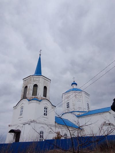 A white Russian Orthodox church with vibrant blue roofs and domes stands under a heavily overcast, grey sky. The church features a tall bell tower on the left, topped with a blue spire and an Orthodox cross. This tower has arched openings for bells in its upper section and rectangular windows lower down. To the right and slightly behind the bell tower, a larger structure with a blue dome and another Orthodox cross is visible, also featuring rectangular windows. The white walls of the church show signs of age and weathering, with patches of discoloration and peeling paint, providing a contrast to the seemingly recently painted bright blue roofs.

In the foreground, a vivid blue fence runs horizontally across the bottom of the frame, partially obscuring the base of the church. Bare, thorny branches of a shrub or tree are visible in front of the fence, suggesting a late autumn or winter setting. Multiple thin wires crisscross the upper right portion of the image, stretching across the cloudy sky. The overcast conditions lend a soft, muted light to the scene. No people are visible, and no specific activity is taking place. The setting is Znamenka, Russia.