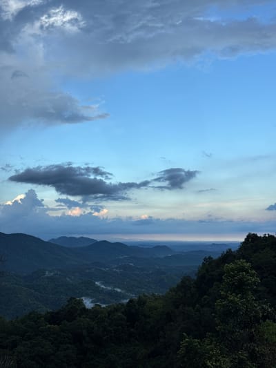 This image depicts a sweeping mountain landscape under a partly cloudy sky. The foreground is dominated by dark, densely packed trees, suggesting a forest-covered mountain slope. Beyond this, a series of rolling, verdant mountains recede into the distance, with layers of mist or low-lying clouds settling in the valleys between them. The sky is a mix of bright blue and darker, diffused clouds, with some hints of pink or orange light suggesting either dawn or dusk. The overall impression is one of a vast, natural environment, possibly a national park or a scenic overlook. There are no people or man-made structures visible in this image. The location is stated to be in Nao Sẻ, Vietnam, a region known for its mountainous terrain and natural beauty.