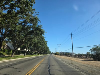 This media file depicts a paved road with a double yellow line in the center, suggesting it is a two-lane road. The road stretches into the distance under a clear, bright blue sky, indicating a sunny day. On the left side of the road, a line of mature trees with lush green foliage forms a canopy, casting dappled shadows on the road. Behind the trees, residential buildings with beige exteriors and pitched roofs are partially visible, hinting at a suburban or residential area.
On the right side of the road, a dry, scrubby embankment is present, with a broken wooden fence running along its edge. Utility poles with power lines are also visible, stretching across the sky and along the right side of the road. In the far distance, a few white cars are seen on the road, and a cluster of modern buildings is visible on the horizon.
The scene appears to be captured from a moving vehicle, as suggested by the perspective and the motion blur of the shadows on the road. The overall impression is one of a pleasant, clear day in a semi-rural or suburban setting, possibly in the United States given the location context. There is no visible text in the image. The time of day is likely late morning or early afternoon, given the bright sunlight and the angle of the shadows. The weather is clearly fair and sunny.