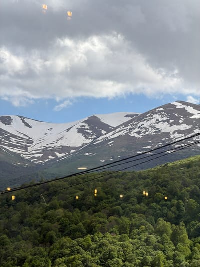 The image shows a mountain landscape with snow-capped peaks and a lush green forest. Utility lines are visible, running alongside the forest. The sky is partially cloudy. Reflections visible indicate the photo was taken from inside, possibly a window. There's no evidence to definitively confirm a location in Lermontovo, Armenia. No people are visible.