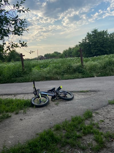 A bicycle is lying on its side on a dirt path that runs alongside a field of tall green grass and white wildflowers. The sky above is filled with dramatic, wispy clouds, suggesting it might be late afternoon or early evening. The scene appears to be rural, possibly in Mala Vilshanka, Ukraine, given the natural landscape and the presence of a wooden post in the field. The bicycle itself is black and has neon yellow accents on the handlebars and seat post. Its wheels have colorful spokes. The overall mood is quiet and still, with the bicycle seemingly abandoned on the path.