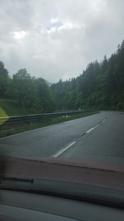 The image depicts a road winding through a forested area under a cloudy sky. The road is paved and has a white dividing line. A metal guardrail runs along the side of the road. The view appears to be from inside a vehicle, with a portion of the dashboard visible. The location is suggested to be near Yasinya, Ukraine, based on the presence of mountainous forests characteristic of that region.