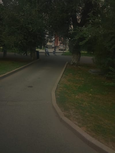 The image shows a paved walkway next to a grassy area, with trees and foliage on either side. In the background, a few people are visible on the walkway, and a car is parked on a street further back. The overall scene appears to be a park or a residential area in a city. The lighting suggests it may be late afternoon or early evening. There are no clear indications of the specific location within Taraz, Kazakhstan.