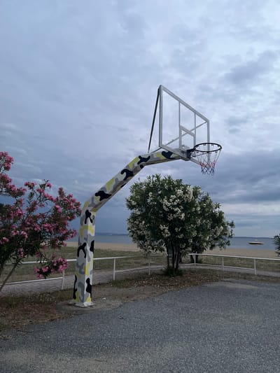 The image depicts a basketball hoop on a court with a beach and the sea in the background. The basketball hoop pole is painted with a camouflage pattern of grey, black, and yellow. To the left of the pole, there is a bush with pink flowers, and to the right, a bush with white flowers. The beach appears sandy, and the water is calm. A small boat is visible on the sea. The sky is overcast with clouds. The location is identified as Gerakini, Greece. The scene is outdoors, likely during the day, with no people present.