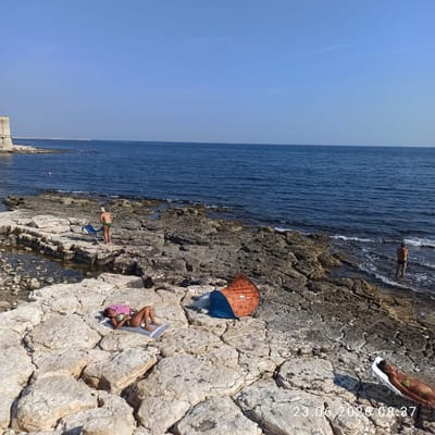 The image captures a sunny day at a rocky coastline, likely in Molfetta, Italy, given the timestamp. In the foreground, a woman in a green bikini lies on a towel on large, light-colored rocks, sunbathing. A pop-up tent, orange and blue, is set up nearby. Further back, a man in green swim trunks and a white hat stands next to a blue beach chair on similar rocky terrain. The middle ground shows more of the rocky shoreline with several people scattered around, some in the water, and a small buouy. In the distance, the deep blue sea stretches to the horizon under a clear sky. To the far left, a section of a stone structure, possibly part of a historical fortification or building, is visible at the edge of the land. The overall scene depicts a relaxed day at the beach.