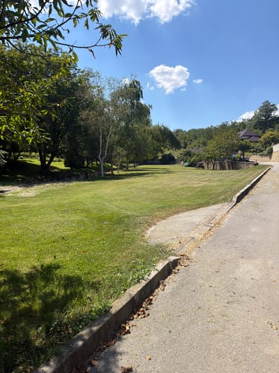 The image depicts a sunny day in Sokolovo, Bulgaria, featuring a well-maintained grassy field bordered by a paved road and a concrete curb. Lush green trees with dense foliage are scattered throughout the scene, casting shadows on the grass. In the background, a few houses with red-tiled roofs are visible nestled on a gentle slope, surrounded by more trees. The sky is a vibrant blue with a few scattered white clouds. The overall impression is one of a peaceful, rural setting.