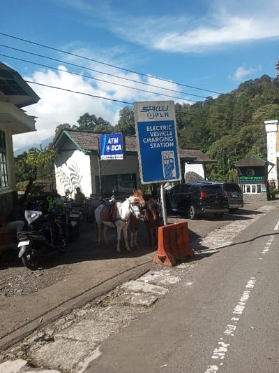 The image displays a roadside scene in a mountainous area. Despite the user's provided location of Ka Thaung (Upper), Myanmar, prominent signage within the image, specifically "SPKLU PLN ELECTRIC VEHICLE CHARGING STATION" and "ATM BCA," indicates an Indonesian location. The sky is bright blue with scattered white clouds. A paved road occupies the foreground and mid-ground, featuring a dashed white line on its right side.
On the left side of the road, two horses are present: a white horse with a red-brown saddle and bridle, and a brown horse positioned behind it. Both face right, towards the road. Adjacent to the horses, a tall blue and white sign reads "SPKLU PLN ELECTRIC VEHICLE CHARGING STATION," with charging station iconography. Further left, an "ATM BCA" sign is affixed to a building with a white facade featuring a dark, decorative plant motif. Several motorcycles are parked on the unpaved shoulder in front of this building. One person in a light-colored shirt is partially visible, seated on the far left, near a motorcycle. Another person in a green and black jacket stands near other motorcycles.
Behind the horses and the charging station sign, a black SUV and another dark-colored car are parked. On the far right, two orange concrete traffic barriers sit by the roadside. In the background, densely forested green mountains rise, with what appears to be a telecommunications tower visible on a distant peak. Overhead power lines span the upper portion of the frame. A structure with a green roof and a sign possibly reading "PUNCAK PASS" is visible on the far right, partially obscured by the trees.