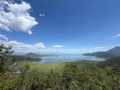 The media file captures a wide-angle view of a serene lake and its surrounding landscape on a clear, sunny day. The scene is dominated by a vast expanse of shimmering blue water, dotted with patches of vibrant green marshland. In the foreground, lush green foliage and trees create a natural frame, obscuring parts of the view and adding depth to the image.
Beyond the lake, rolling hills covered in dense vegetation rise up, their slopes softened by a light haze that suggests distance. The contours of the hills are repeated in the far background, where a range of mountains forms a hazy silhouette against the bright blue sky. A few scattered white clouds drift across the sky, their shapes irregular and wispy, indicating a pleasant, fair-weather day. The sunlight appears to be high in the sky, suggesting it is midday or early afternoon.
The overall impression is one of tranquility and natural beauty. There are no people or discernible objects in the scene, emphasizing the unspoiled, natural state of the location. The absence of man-made structures contributes to a feeling of peaceful isolation. The gentle curves of the shoreline, the varied textures of the vegetation, and the expansive sky create a harmonious and inviting panorama. The location appears to be Kruševica, Montenegro, known for its stunning natural scenery and bodies of water.