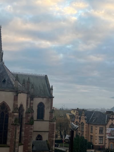 An elevated view captures a street scene in Obernai, France, under an overcast sky with patches of pale yellow light. The left half of the image is dominated by the upper sections of a Gothic-style church, constructed from light-colored stone with reddish-brown accents on its buttresses and window frames. Its dark slate roof features ornate decorative ridge caps and a pointed spire extends from the upper left. Multiple pointed arched windows are visible along the church's facade. In the midground, to the right of the church, a tall dark pole holds two grey streetlights or spotlights directed downwards. Beyond this pole, several multi-story buildings with characteristic European architecture are visible, featuring light-colored facades, dark sloped roofs, and some with prominent gables and decorative elements. A partial view of a road with a parked vehicle and a flagpole displaying a tricolor flag (French) is discernible between the church and the other buildings. Bare deciduous trees are scattered among the structures. The distant background consists of hazy hills and a low-lying mist or fog. Numerous small, dark avian figures are dispersed across the cloudy sky, suggesting a flock of birds in flight.