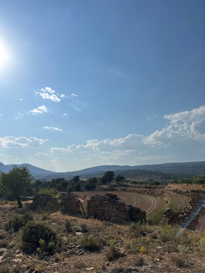The image depicts a rural landscape scene, likely in or around Alpuente, Spain, under a clear blue sky with scattered white clouds and bright sunlight emanating from the upper left. In the foreground, there are remnants of stone structures, appearing to be old ruins or agricultural buildings. These ruins are constructed from rough-hewn stones and are overgrown with dry grasses, shrubs, and some small yellow wildflowers. A lone tree with green foliage stands to the left of the ruins, and more trees and vegetation are visible further into the landscape.

The middle ground features agricultural fields, characterized by curved, plowed furrows, suggesting cultivation. Beyond the fields, a rolling, hilly terrain covered with trees and vegetation extends towards the horizon. In the distance, hazy mountains form the backdrop under the expansive sky. The overall impression is one of a dry, sunny day in a historical rural setting. There are no people or animals visible in the image.