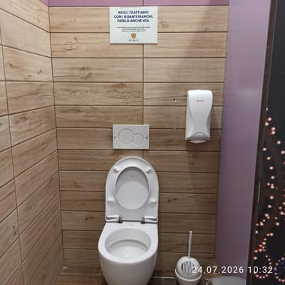 This is a vertical, eye-level shot of a public restroom. The walls are covered in light brown, wood-grain tiles. On the wall to the left, a white soap dispenser is mounted. Below it, a white sign with text in Italian is displayed. The text reads, "NOI LI TRATTIAMO CON I GUANTI BIANCHI, FATELO ANCHE VOI. I nostri bagni vengono igienizzati più volte al giorno per farvi sentire come a casa vostra. Aiutateci a mantenerli puliti, grazie!" which translates to "WE TREAT THEM WITH WHITE GLOVES, YOU DO IT TOO. Our bathrooms are sanitized several times a day for you to feel at home. Help us keep them clean, thank you!" Below the sign, there is a logo for "GLI ULIVI".

To the right of the soap dispenser, a white toilet is visible. The toilet seat and lid are open. Next to the toilet, on the wall, is a white flush plate with two circular buttons. Further to the right, a white toilet brush holder is mounted on the wall.

The floor is also tiled with the same wood-grain pattern as the walls, but laid horizontally. At the top of the image, a dark band is visible, which appears to be the top of the wall or a decorative element. White text overlaying the image indicates the date and time as "24.07.2026 10:32". The setting appears to be indoors, likely a public restroom in Modugno, Italy, given the provided location context and the Italian text on the sign. The overall impression is one of cleanliness and a focus on hygiene.