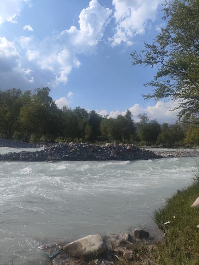 This media file depicts a serene natural landscape in Kashka-Suu, Kyrgyzstan. The scene is dominated by a fast-flowing river, its surface a turbulent white as it churns over rocks. The riverbanks are lined with a mixture of stones and lush green grass, with scattered wildflowers adding touches of white. In the background, a dense forest of trees with vibrant green foliage stretches across the frame, suggesting a temperate climate. The sky above is a clear blue, punctuated by large, fluffy white clouds that cast soft shadows, indicating it is daytime, likely mid-morning or afternoon. The overall impression is one of tranquility and natural beauty, with the dynamic movement of the river providing a focal point against the stillness of the surrounding landscape. There are no visible people, objects, or text in the image.