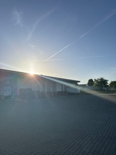 The image depicts an outdoor scene in front of a warehouse-style building in Bad Säckingen, Germany. The sun is low in the sky, casting a strong glare and lens flare across the left side of the image. The building has several loading bay doors, with stacks of pallets visible near them. The ground in front of the building is paved with interlocking blocks. In the sky, several contrails from aircraft are visible against a clear blue sky. There are no people visible in the image. The overall impression is that of an industrial or commercial area during a sunny day, likely in the morning or late afternoon.