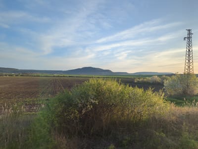 The image depicts a rural landscape in Jitnitsa, Bulgaria. A cultivated field occupies a significant portion of the scene. In the distance, a hill or mountain range is visible. In the foreground, bushes and trees line the edge of the field, with an electrical power tower standing to the right. The sky is partly cloudy.