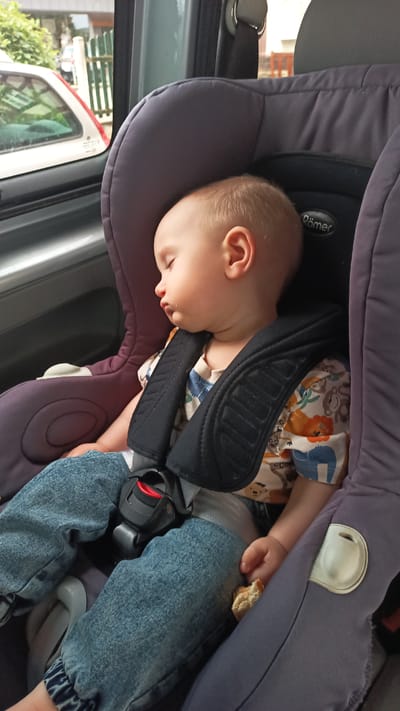 A fair-skinned baby with blonde hair is sleeping in a purple car seat, positioned in the front passenger seat of a vehicle. The baby is wearing a t-shirt with an animal print and blue denim pants. A portion of a cracker is visible in the baby's right hand. The car seat has a black harness with a red buckle. The background shows a white car and green fencing visible through the car's window. The scene is indoors, likely in a parked vehicle, with no indication of movement. The location is Altdorf bei Nürnberg, Germany.