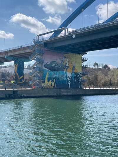 The image displays a multi-span concrete and steel road bridge crossing the Danube-Black Sea Canal in Medgidia, Romania. The bridge structure includes prominent blue arch supports and multiple concrete piers. The central piers are extensively covered in murals; one features abstract yellow and blue foliage patterns, while another depicts a dark, stylized, possibly futuristic vessel positioned above similar abstract forms against a multi-hued background. Blue metal staircases are affixed to the central pier, providing access beneath the bridge deck. The canal water in the foreground is greenish-blue with small surface ripples. The immediate shoreline consists of a concrete retaining wall topped with a blue metal railing. On the left bank, beneath the bridge, an area of disturbed earth with several dirt piles and a visible yellow excavator is present. A multi-story light-colored building is observable in the distance through sparsely foliated trees on the left. The right bank consists of a wooded slope with predominantly bare deciduous trees. The sky above is clear blue with scattered white cumulus clouds. No individuals are depicted within the scene.