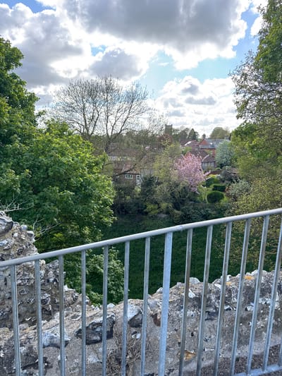 The image presents a picturesque, elevated view overlooking a residential area, likely in a town or village, under a dynamic sky. In the immediate foreground, a weathered stone wall, possibly made of flint, with various grey and white textures, is partially obscured by a modern metal railing composed of horizontal bars. This suggests the vantage point is from a historical structure or high ground, like castle battlements or a raised garden walk.
The midground is a vibrant tapestry of greenery, dominated by numerous trees. Many trees are in full leaf, showcasing bright green foliage, while others, particularly towards the upper left, appear more sparse, hinting at early spring or deciduous varieties. A striking pink-blossomed tree stands out, adding a focal point of color. Nestled among the trees are several traditional houses featuring red-tiled roofs and brickwork, one with noticeable white-framed windows. Further back, a cultivated garden with neatly trimmed hedges and paths is visible.
The background is filled with a bright, partly cloudy sky, displaying large white clouds interspersed with darker grey clouds and patches of clear blue. The lighting indicates it is daytime, likely morning or afternoon. The scene is devoid of people or discernible activity, conveying a sense of tranquility and natural beauty. No text is visible. The landscape and architecture are consistent with the King's Lynn and West Norfolk area.