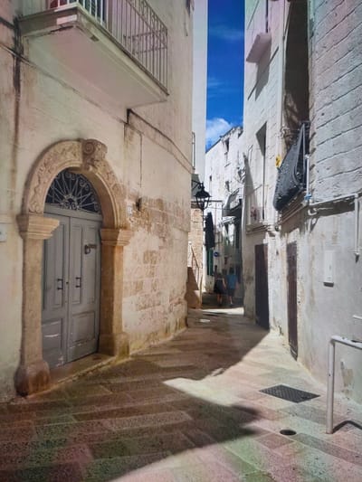 The image depicts a narrow, sun-drenched alleyway in the city of Zrenjanin, Serbia. The buildings lining the alley are constructed of light-colored stone with textured walls, suggesting an older architectural style. On the left, a prominent arched doorway with decorative stonework is visible, leading into a building. The doorway is painted a muted grey and features two dark handles and a knocker. Above the doorway, a wrought-iron grate is set into the arch. A narrow balcony with a metal railing juts out from the building on the left, casting a shadow on the wall below.
On the right side of the alley, another building displays similar stone construction and features a dark wrought-iron balcony. A black outdoor lantern is mounted high on the wall. In the distance, two figures, a woman and a man, are walking away from the camera, further down the alley. The ground is paved with large, flat stone slabs, and shadows are cast across the alley by the buildings and the sun. The sky above is a vibrant blue with a few wispy clouds. A metal grate is set into the pavement in the foreground.