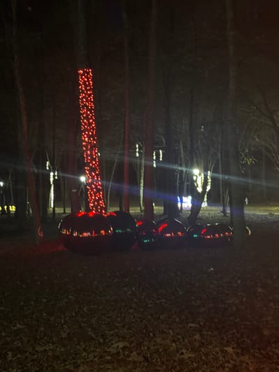 A nighttime scene displays a path adorned with Christmas lights. Red lights stretch horizontally, creating a luminous lane between trees. A vertical string of dark, spherical objects, possibly ornaments or lanterns, reflects colorful lights, adding depth and vibrancy to the composition. The surrounding environment is dark, with a visible leaf-covered ground, emphasizing the brightness of the decorations and capturing a festive ambiance.