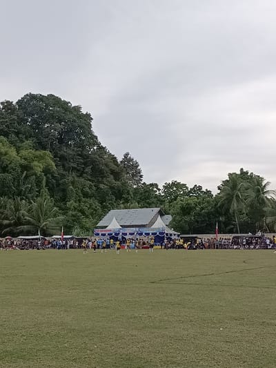 This image captures a wide view of a grassy field, likely a sports field, with a crowd gathered along the far edge. In the background, a dense forest covers a hillside, with palm trees and other foliage visible. A building with a white tent-like structure attached is situated in front of the treeline. Banners with text, including "HARI BHAYANGKARA," are displayed. Several individuals are present on the field, some appearing to be in athletic attire, suggesting a game or event is taking place. The sky is overcast. The scene appears to be an outdoor public gathering or event in Keude Trienggadeng, Indonesia.