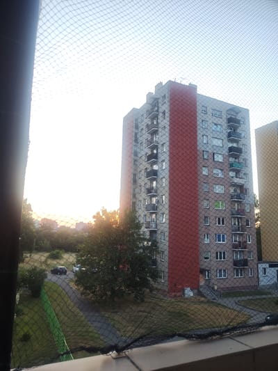 The image depicts an outdoor scene, viewed through a mesh net, in Gliwice, Poland. In the foreground, a dark vertical structure, likely a balcony railing, is visible on the left. The mid-ground features two apartment buildings. The taller building on the right is grey with a prominent vertical red section and numerous balconies. To its right, another taller building with a yellow facade is partially visible. The buildings are situated in a residential area with trees and green spaces. A paved pathway winds through the grassy area, with at least two cars parked near it, one black and one white. The sky is bright with the sun, suggesting it is either sunrise or sunset. The overall impression is a view of a Polish urban residential area.