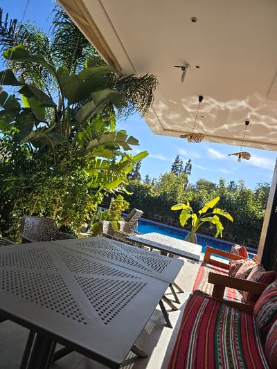 The scene depicts an outdoor patio area in Taza, Morocco, viewed from a slightly elevated and angled perspective. In the immediate foreground, a rectangular grey outdoor dining table with a perforated surface pattern occupies the left, its legs partially visible. To the right, a wooden-framed outdoor sofa with striped red, green, and white patterned cushions is partially visible. Further back, a blue swimming pool is prominently situated, bordered by additional outdoor furniture including another similar perforated grey table and matching chairs, as well as a reclining lounge chair. Lush green foliage, including large-leafed tropical plants resembling Bird of Paradise and palm trees, forms a dense natural border on the left and in the background, contrasting with the bright blue sky. Overhead, a white ceiling or architectural overhang features distinct rippling light patterns, indicative of reflections from the pool water. Two pendant light fixtures with woven or natural material shades are suspended from this ceiling, alongside a small, dark mounted object, possibly a security camera. No individuals are present, and no specific actions or interactions are depicted. The scene is illuminated by strong sunlight, casting visible shadows.