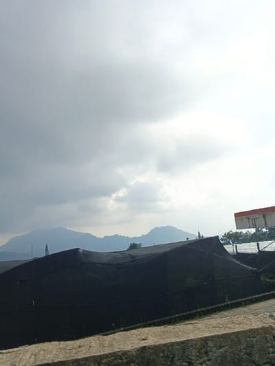 The image displays an outdoor landscape under an overcast sky, characteristic of a rural or agricultural setting near Nebilver (Tegal) Admin Centre, Papua New Guinea. In the immediate foreground, a rough, light-colored concrete barrier or wall runs horizontally across the bottom of the frame.
The middle ground is dominated by extensive dark mesh structures, likely agricultural shade houses or greenhouses, covered in black netting. These structures appear sturdy and functional, extending across the scene and partially obscuring the landscape beyond. Scattered green vegetation and a few trees are visible around and behind these facilities, including a prominent tall, slender conifer-like tree silhouetted against the distant hills on the left.
In the background, a range of hazy, undulating mountains stretches across the horizon, their forms softened by distance and atmospheric conditions. To the far right, a partial view of another structure is visible, featuring a distinctive reddish-orange roofline and lighter-colored siding.
The sky is heavily clouded with varying shades of grey, indicating an overcast or partly cloudy day. Brighter patches within the clouds suggest the presence of sunlight, hinting at a daytime scene, possibly late morning or early afternoon. No individuals or specific activities are depicted, and there is no visible text. The overall scene conveys a sense of a working agricultural landscape within a mountainous region.