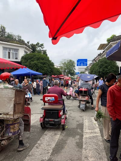 This image depicts a bustling street market scene in Chongzhou City, China, under a cloudy sky. The foreground is dominated by a red electric scooter with a "Cute" logo and Chinese characters on its rear, facing away from the camera. To the left, part of a utility vehicle with a large metal cage is visible, with a person wearing a camouflage jacket and a red helmet standing next to it, their legs and feet visible in jeans and dark shoes. The street is paved and marked with white lines, indicating a pedestrian crossing.

In the mid-ground, a diverse group of people are engaged in various activities. Several individuals are on foot, browsing stalls or walking through the market. Others are on motorized vehicles, including a pink electric scooter carrying two people and another scooter with a covered passenger. Tents and awnings, predominantly red and blue, are set up along the sides of the street, creating a market atmosphere. Building structures with traditional Chinese architectural elements are visible in the background, surrounded by lush green trees.

A blue directional sign with Chinese text is prominently displayed in the upper mid-ground, indicating directions to "水韵街" (Shuiyun Street) and "京街" (Jing Street). People are dressed in casual clothing, reflecting the everyday nature of the scene. The overall impression is one of a lively local market, with a mix of commerce, transportation, and community interaction.