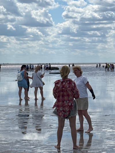 In Бурсоль, Russia, a group of people are gathered at a shallow, reflective body of water, likely a salt lake, given the pinkish hue of the distant horizon. The sky above is filled with dramatic, puffy white clouds against a pale blue background. In the foreground, four individuals are prominent. Two women, one in a blue dress with a white backpack and another in a white dress with a crossbody bag, stand facing away from the camera, with a child between them. To their right, two other women are engaged in conversation. One, wearing a floral print jacket and denim shorts, faces away from the camera. The other, in a white t-shirt and beige shorts, turns slightly towards the first woman, wearing a black glove on her right hand. The water's surface is highly reflective, mirroring the sky and the figures. In the background, numerous other people are spread across the water, some standing, others walking. The scene depicts a leisurely day in a unique natural environment.