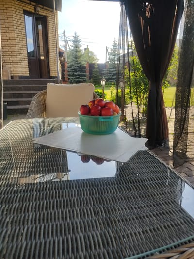 A close-up, eye-level shot shows a glass-topped wicker table on a paved patio in front of a brick house in Veshki, Russia. A light-colored cushion rests on a wicker chair to the left of the table. On the table, a green bowl overflows with red and yellow nectarines. The scene is partially shaded by a dark brown gazebo curtain. In the background, a two-story brick house with a dark brown door and steps is visible, along with evergreen trees, a lamppost, and a distant power line. The overall lighting suggests it is late afternoon.