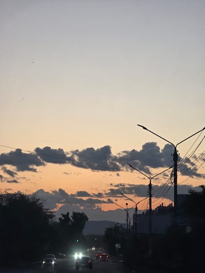 The image depicts a roadside scene at dusk. The sky is a gradient of pale gray at the top, transitioning to warm orange and pink hues near the horizon, with dark, dramatic clouds interspersed. Power lines and lampposts stretch across the frame, silhouetted against the colorful sky.
On the right side of the image, a road is visible with several cars driving. The headlights of some vehicles are illuminated, suggesting it is either very late dusk or the beginning of the night. Trees and foliage line the side of the road, adding to the darkening landscape. In the distance, faint outlines of buildings and possibly hills can be seen against the dusky sky. There is a traffic sign with a blue background and white markings visible on the right side of the road.
The overall mood is serene yet slightly melancholic, typical of twilight. The presence of cars on the road indicates it's a public thoroughfare, likely on the outskirts of a city or town. The weather appears clear, with the clouds adding visual interest to the sky. The orientation of the image is landscape, but the content is presented vertically as if the camera was tilted.