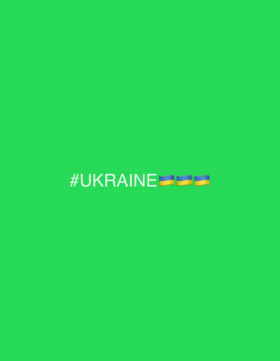 This media file is a graphic with a bright green background. Centered horizontally in the lower portion of the frame is the text "#UKRAINE" in white, uppercase letters. To the right of the text are three Ukrainian flag emojis, depicted as horizontal bands of blue on top and yellow on the bottom. There are no people, objects, or specific scene details visible other than the text and emojis. The overall presentation is simple and symbolic, likely intended to convey support or awareness for Ukraine. The location context of Mriia, Ukraine, suggests the graphic may be related to a specific event or message originating from or concerning that location. No information about time of day, weather, or emotions is conveyed by the visual elements.