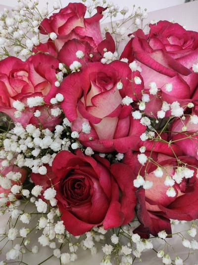 The image is a close-up, overhead view of a bouquet of roses, interspersed with small white flowers, likely baby's breath. The roses are predominantly a deep crimson or magenta color, with some showing lighter pink or cream-colored edges and interiors. The petals are layered and appear soft and velvety. The white flowers are delicate and clustered, providing a contrast to the larger blooms. The lighting is soft, highlighting the textures and colors of the flowers. The background is out of focus but appears to be a light-colored, possibly textured surface. There is no indication of a specific location within the city of Kalach, Russia, as the image focuses solely on the floral arrangement.