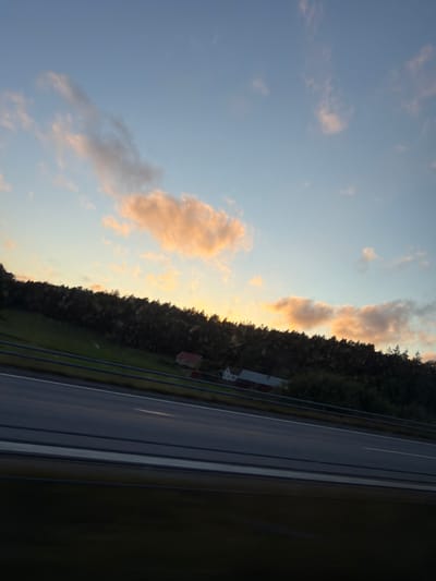 The image depicts a scenic view with a clear blue sky and scattered clouds tinged with orange and pink hues, suggesting either sunrise or sunset. A hillside covered in dense, dark green trees slopes upwards from a highway. On the hillside, two small buildings are visible: a red-roofed structure and a white building with a darker roof. The highway in the foreground has multiple lanes and is bordered by dark railings. The overall impression is of a peaceful, rural landscape. There are no people visible in the image. The location is identified as Rabbalshede, Sweden, although this cannot be independently verified from the visual information provided.
