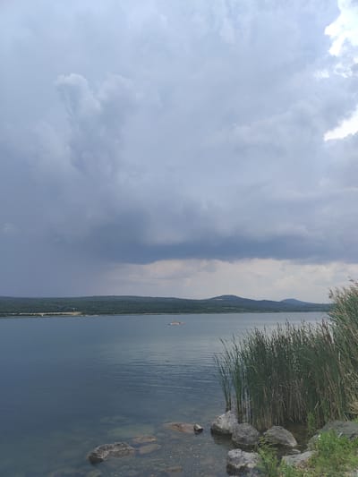 This is a vertical, eye-level, full-shot photograph of a lake under a cloudy sky. The foreground features a rocky shoreline with a cluster of tall, green reeds on the right. The lake itself is a deep, calm blue, with ripples visible on its surface. In the distance, a long, wooded shoreline is visible, dotted with rolling hills and mountains against the horizon. The sky is filled with heavy, dark grey clouds, suggesting an impending storm. A small, orange kayak with two people is visible on the lake, far from the shore. The scene is likely located at the Nechranice Reservoir, which is situated near the city of Ústí nad Labem in the Czech Republic.