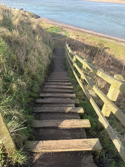 The image displays a steep, downward-sloping dirt path featuring approximately twenty visible wooden steps, set into a vegetated embankment. The path is bordered on the right by a weathered wooden railing, constructed from vertical posts and horizontal crossbars, extending from the foreground into the midground. A similar, shorter railing segment is visible on the left side further down the incline. The embankment on both sides of the path is covered in dense, dry, yellowish-brown grass and sparse green vegetation. The path leads towards a wide expanse of calm, light blue-green water in the background, characteristic of an estuary or tidal basin, identified as likely the Montrose Basin in Montrose, United Kingdom. A narrow, pebbly shore separates the water from a grassy bank where a small green bench is faintly visible. The scene is illuminated by natural sunlight, casting long, distinct shadows across the steps and railing, indicating a low sun angle. No individuals, animals, or observable actions are present within the frame.