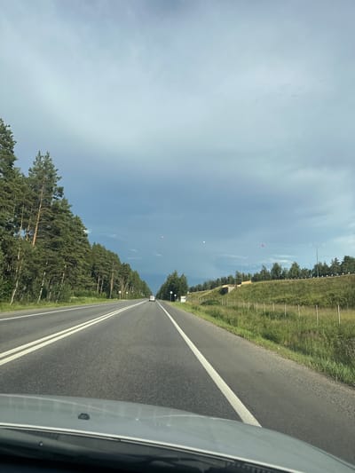 The image shows a view from a car traveling on a two-lane asphalt road. The road is lined with tall pine trees on the left and a grassy embankment with a fence and streetlights on the right. The sky is cloudy and overcast, with patches of lighter clouds. There are three red spherical objects suspended in the air above the road and embankment, seemingly attached to wires or lines that are not fully visible. One car is visible in the distance on the road. The scene appears to be in a rural or suburban area. The location is identified as Факел Снт, Russia.