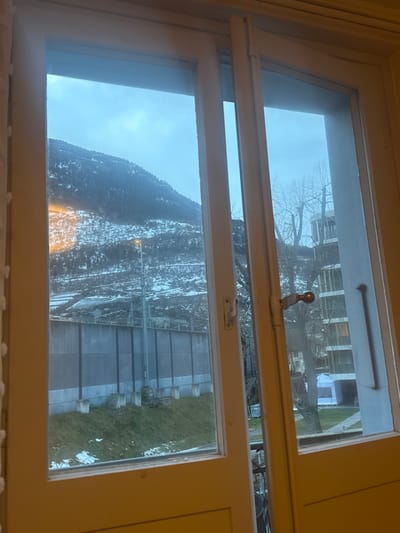 The image depicts an outdoor scene viewed through a white wooden multi-pane window. The window frame occupies the immediate foreground, with a brass-colored handle visible on the right-hand pane. Outside, a grey concrete sound barrier wall with vertical supports runs horizontally across the midground. Below the wall, patches of green grass are interspersed with remnants of snow. A street light pole with an illuminated fixture rises from behind the wall, slightly left of center. To the right, a bare deciduous tree stands in front of a modern, multi-story building. In the background, a snow-dusted mountain with patches of dark vegetation dominates the left half of the view. A localized orange-yellow glow, likely from an artificial light source, illuminates a section of the lower mountain slope. The sky is overcast and light blue-grey. The scene is consistent with a winter or late autumn day in the mountainous region of Visp, Switzerland, likely overlooking a valley floor with urban development adjacent to mountainous terrain. No individuals are present.
