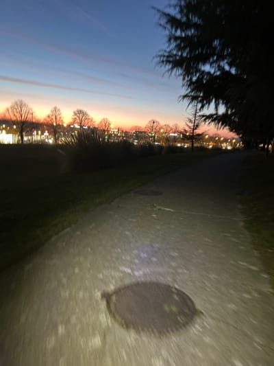 A ground-level shot depicts a twilight landscape. A pavement path with a circular manhole cover dominates the right. A grassy verge borders the path. Bare trees line the horizon under a sky transitioning from orange to blue. City lights glow faintly behind the trees. Dark foliage obscures the top left corner of the image. The image is rotated, giving a tilted perspective.