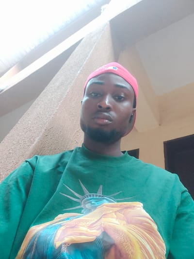 A young man with dark skin and a short beard is featured in a slightly low-angle, selfie-style photograph, looking directly at the camera with a neutral expression. He wears a red baseball cap, which appears to have a white, stylized logo, possibly an MLB team emblem like "NY" or "LA". A dark earbud or in-ear monitor is visible in his right ear.
He is dressed in a dark green, long-sleeved crewneck shirt. The shirt's front displays a vibrant graphic: the teal-colored Statue of Liberty stands behind a large, colorful bird, possibly a macaw or parrot. The bird is depicted with striking yellow, blue, and orange feathers, positioned prominently in the foreground of the graphic, obscuring parts of the Statue of Liberty's body and appearing to hold or interact with her torch.
The background consists of light-colored, textured walls or pillars, suggesting an indoor or sheltered outdoor location, possibly a hallway or under a balcony, in Ezzamgbo, Nigeria. A brighter area above indicates natural daylight. The image is well-lit, highlighting the subject's face and shirt graphic.