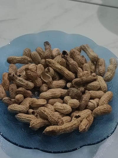 The image shows a plate of peanuts on a white counter. There are approximately 40 peanuts, most of which are unshelled and brown in color. The plate is light blue with a textured surface. The coordinates (-7.668, 112.724) correspond to a location in Kecamatan Pandaan, Indonesia. The image was likely taken indoors. No people are present in the scene. The image is in focus and well-lit.