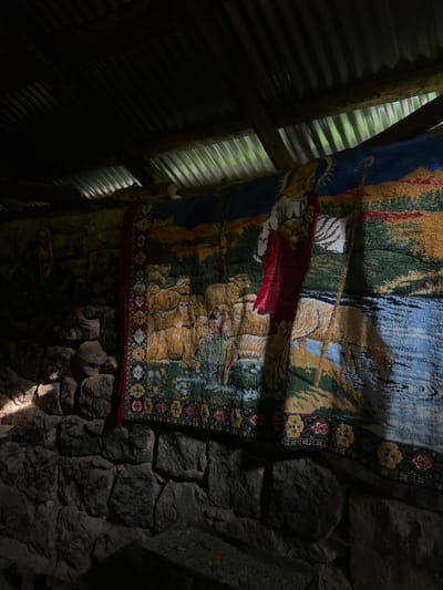 A tapestry hangs against a wall of rough, gray stones. The tapestry features a complex design with muted blues, greens, tans, and red. A border of repeating floral patterns runs along the edge. Light peeks through the stonework, illuminating parts of the wall. To the left, a corrugated metal wall is visible with sunlight filtering through. The overall scene is dimly lit.