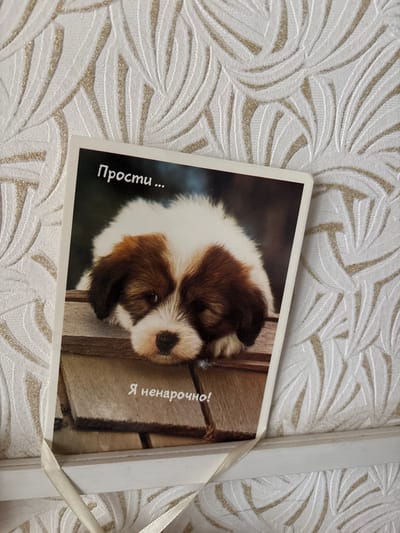 An upright rectangular greeting card featuring a photograph of a small, fluffy puppy is positioned on a white horizontal ledge against a textured wall in an indoor setting in Velikiye Luki, Russia. The puppy, primarily white with distinct brown patches on its head and ears, is depicted resting its chin on a weathered wooden surface, with its eyes partially closed. The card displays Cyrillic text: "Прости ..." (Forgive me...) at the top, and "Я ненарочно!" (I didn't mean to!) at the bottom. A light-colored ribbon, possibly beige, is visible draped over the front of the white ledge, appearing to hold or secure the card. The wall behind the card is covered in off-white or light beige wallpaper with a repeating, raised pattern resembling stylized leaves or feathers, accented with a subtle metallic sheen.