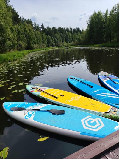 Four stand-up paddleboards are docked at a wooden pier on a calm lake. The paddleboards are various colors, including blue, yellow, and white, and each has a paddle resting on it. Lily pads float on the dark water, and a lush, green forest surrounds the lake. The sky is partly cloudy, with hints of blue. The scene appears to be a serene natural setting. The location is identified as Vylytdor, Russia.