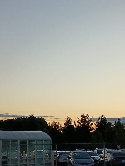 The image shows a hazy sunset over a body of water. The sky transitions from a pale blue at the bottom to a soft yellow and orange at the top, indicating it is late evening. On the right side of the image, silhouetted trees are visible against the bright sky. Behind the trees, a row of parked cars can be seen, suggesting a parking lot or an area where vehicles are kept. In the foreground on the right, part of a modern building with glass windows is visible, possibly a commercial or public facility. The overall scene evokes a sense of calm and the end of the day. The location is identified as Lexington, United States of America. No people are clearly visible in the image, and there is no discernible text.