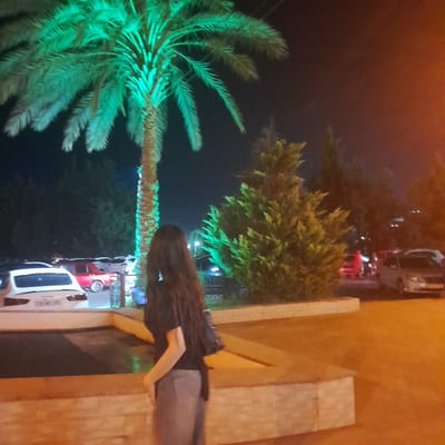 In Rudəkənar, Azerbaijan, at night, a woman with long, dark hair stands facing away from the camera, wearing a dark top and a gray skirt. She is holding a dark bag on her right shoulder. To her left, a palm tree is illuminated with bright green lights, and to her right, a dense evergreen tree is visible. In the background, several cars are parked, including a white car in the foreground with its rear facing the camera, and a red car further back. The scene appears to be a public area with paved surfaces and decorative lighting.